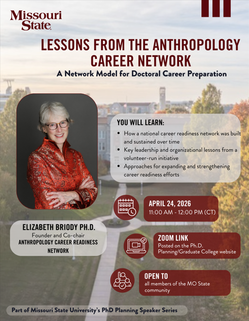 Campus background, image of Dr. Elizabeth Briody Founder and Co-chair of anthropology career readiness network and meeting schedule (April 24, at 11:00 a.m.)