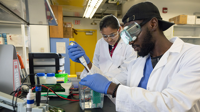 Two individuals in white lab coats working in a lab.